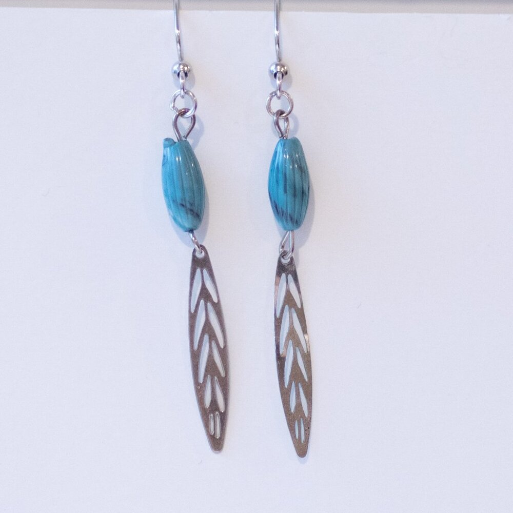 Turquoise Bead with Silver-tone Leaf Drop Earrings